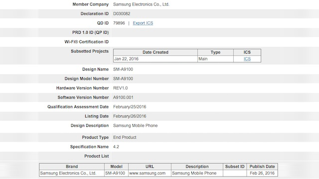 Galaxy A9 Pro a fost certificat de comisia Bluetooth SIG