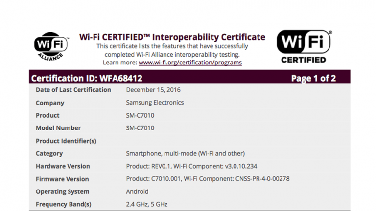 Samsung Galaxy C7 Pro a primit certificare Wi-Fi Alliance