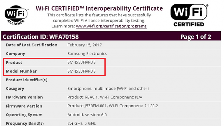 Un posibil Samsung Galaxy J5 (2017) primește certificare Wi-Fi