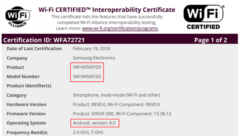 Galaxy Note 8 cu Android 8.0 Oreo certificat de Wi-Fi Alliance