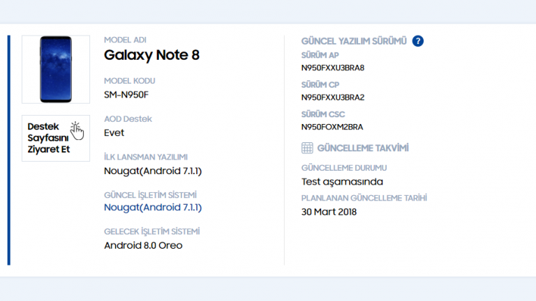 Actualizarea cu Android Oreo pentru Note 8 dezvăluită de Samsung Turcia