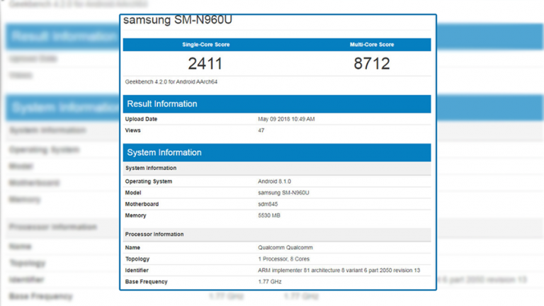 Note 9 testat pe Geekbench cu procesorul Snapdragon 845