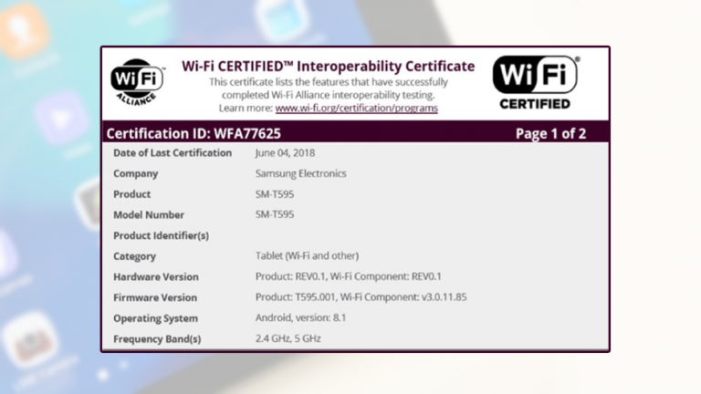 Galaxy Tab A 10.1 (2018) a primit certificarea Wi-Fi Alliance