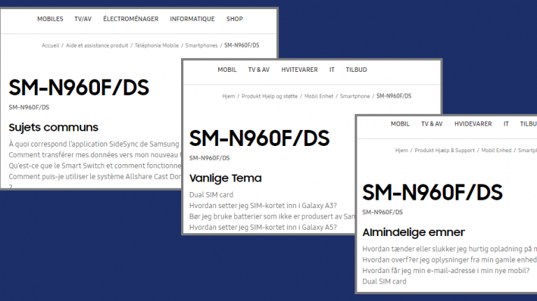 Paginile de asistență pentru Galaxy Note 9 pe site-urile Samsung