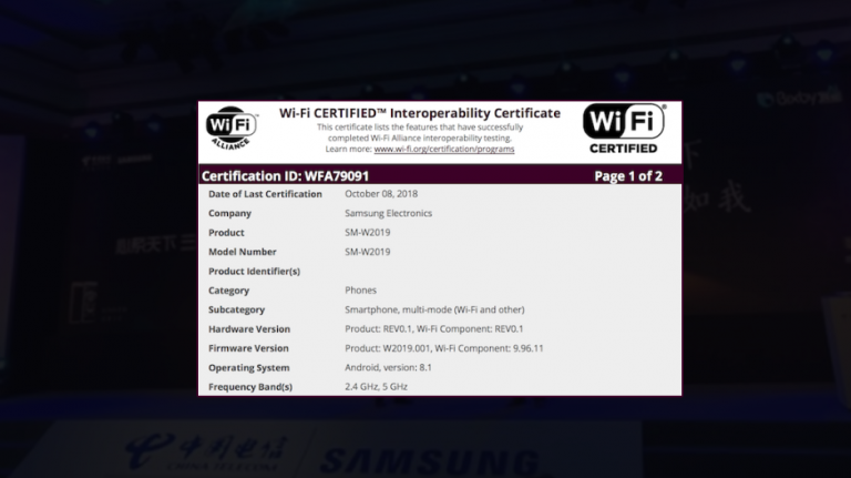 Telefonul cu clapetă Samsung W2019 certificat cu Android 8.1 Oreo