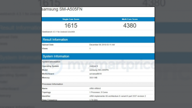 Galaxy A50 cu Exynos 9610 și 4GB de RAM evaluat pe Geekbench