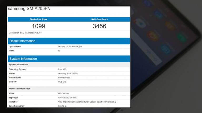 Galaxy A20 pe Geekbench cu 3 GB RAM și Exynos 7885
