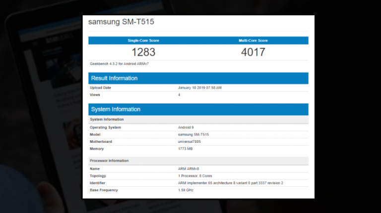 O nouă tabletă Samsung SM-T515 cu Android Pie pe Geekbench