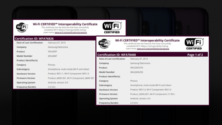 Galaxy J2 Core și Galaxy J4 certificate de Wi-Fi cu Android Pie