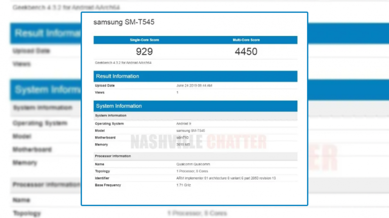 O tabletă Samsung cu Snapdragon 710 și 4GB RAM văzută pe Geekbench