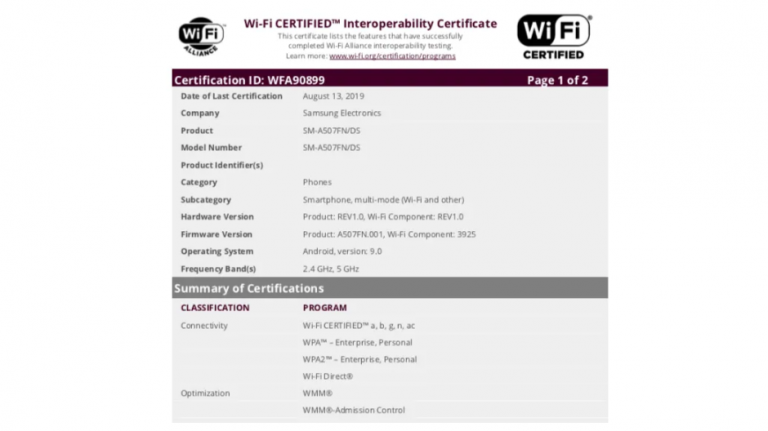 Galaxy A50s cu numărul de model SM-A507FN / DS certificat de Wi-Fi