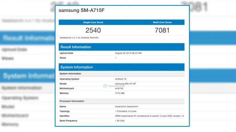 Samsung Galaxy A71 pe Geekbench cu 8 GB de RAM și Android 10
