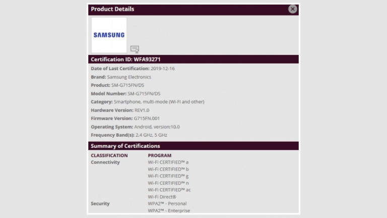 Samsung Galaxy Xcover Pro (SM-G715F) a fost certificat Wi-Fi