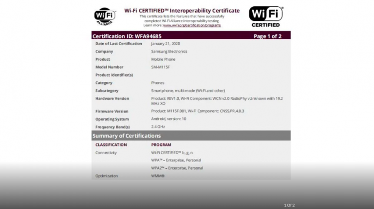Galaxy M11 și Galaxy A11 cu Android 10 certificate de Wi-Fi Alliance