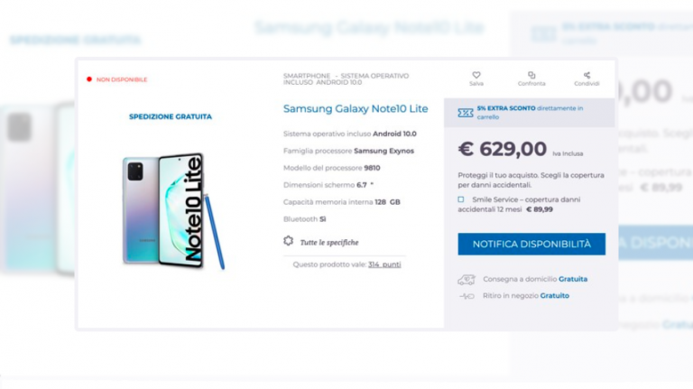 Samsung Galaxy Note 10 Lite va costa 629 de euro în Italia