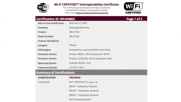Galaxy A71 5G certificat de Wi-Fi Alliance, lansare iminentă