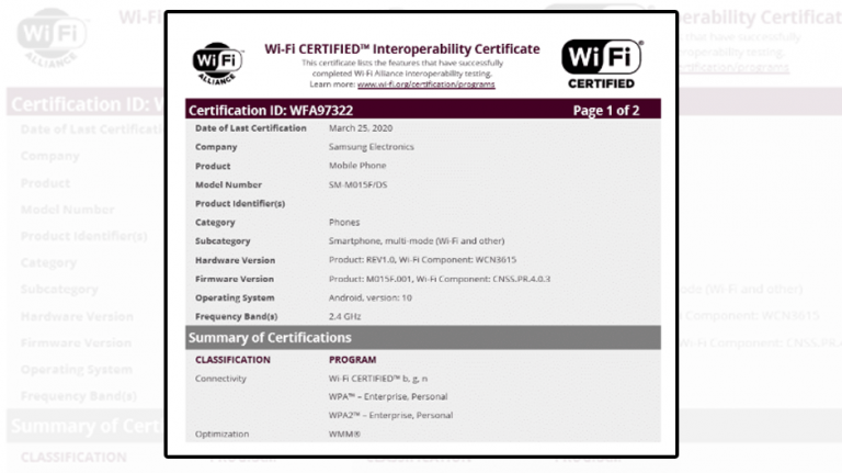 Samsung Galaxy M01 cu Android 10 certificat de Wi-Fi Alliance