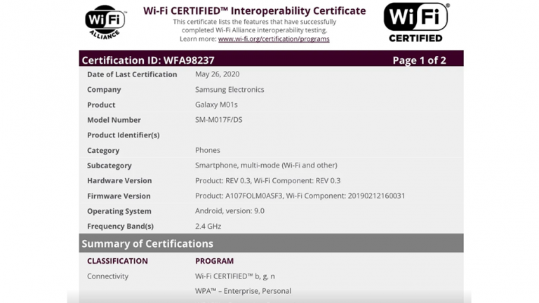 Samsung Galaxy M01s confirmat de certificarea Wi-Fi Alliance