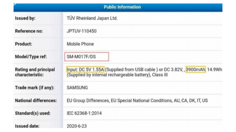 Samsung Galaxy M01s va avea o baterie de 3.900 mAh
