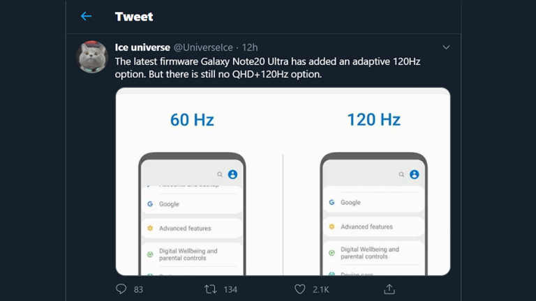 Galaxy Note 20 Ultra cu rată de actualizare adaptivă între 60 și 120Hz