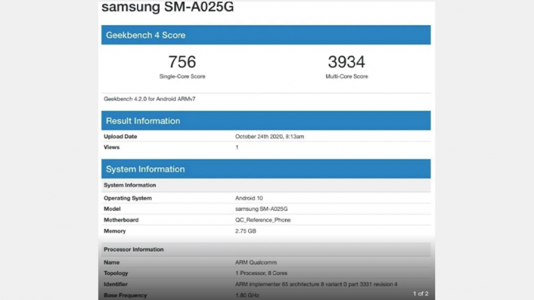 Galaxy A02s observat pe Geekbench, are procesor Snapdragon 450