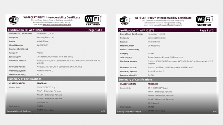 Galaxy A02 și Galaxy M02 certificate de Wi-Fi, lansarea poate fi aproape