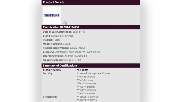 Samsung Galaxy Tab A8 certificata Wi-Fi este mai aproape de lansare