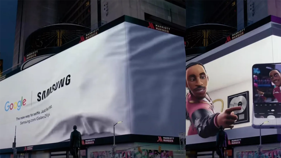 Asistentul Google pe Galaxy Z Flip 4 promovat în 3D in Times Square